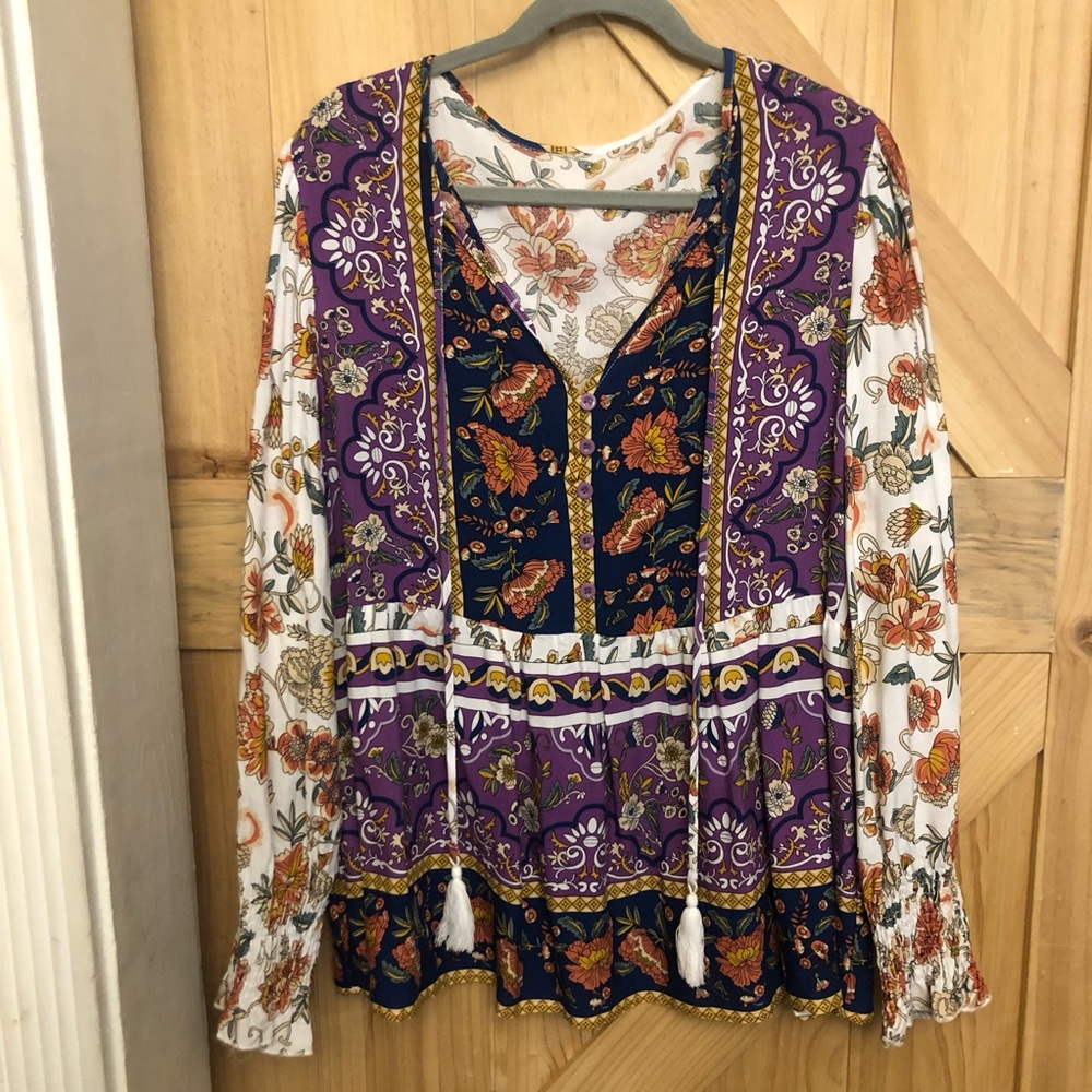Floral Bohemian Long Sleeve Top Women’s 1X Hippie Rayon Lightweight